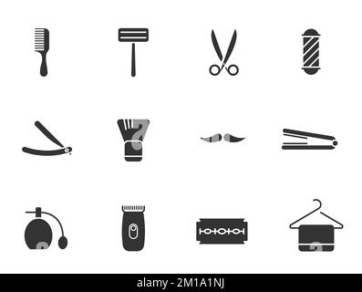Glyphe-Vektorsymbole des Friseurshops, isoliert auf Weiß Stock Vektor