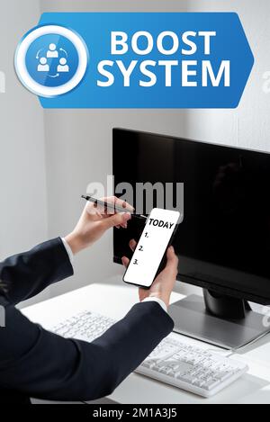 Schild mit Anzeige des Boost-Systems. Business Idea Rejuvenate Upgrade Stärkung Gesunderer ganzheitlicher Ansatz Stockfoto