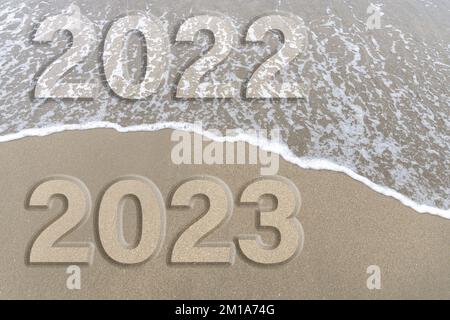 2023 Neujahrskonzept, Sandstrand und Schaumwelle auf beigefarbenem Hintergrund. Entspannungsmodus am Strandkonzept. Stockfoto