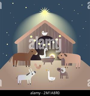 Eine Weihnachtskrippe mit Jesus-Baby, in der Krippe mit Tieren. Christliche religiöse Illustration. Stockfoto