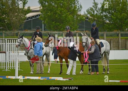 CHRISTCHURCH, NEUSEELAND, 9. DEZEMBER 2022: Showjumping-Wettkämpfer sammeln ihre Bänder bei Equifest in Christchurch, Neuseeland. Stockfoto