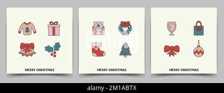 Zeilensymbole mit fröhlichen weihnachten und Feiern. Kollektion von Umrisssymbolen Rechteckige Weihnachtskarten im Hintergrund. Vektordarstellung. Stock Vektor