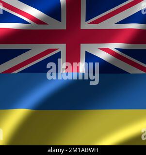 Die Flaggen der Ukraine und Großbritanniens zusammen als Zeichen der Freundschaft und Solidarität. Beziehungen zwischen der Ukraine und Großbritannien. Unterstützung der Ukraine durch das Vereinigte Königreich. Stockfoto