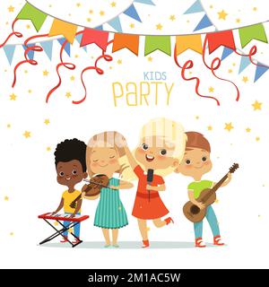 Kinderparty. Kinderband, die auf Musikinstrumenten spielt. Vector Little People Stock Vektor