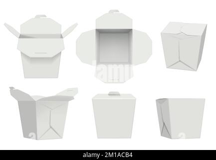 Wok-Box. Handgefertigte Pappbehälter für die Lieferung asiatischer Nahrungsmittel anständige Vektorvorlagen realistisch Stock Vektor