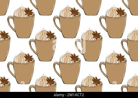 Heißes Getränk schmeichelt dem Muster. Café-Bar-Kollektion. Tassen Kaffee mit Süßigkeiten und Gewürzen. Textil- und Verpackungsdesign Stockfoto