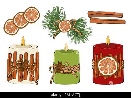 Weihnachtskerze, klassische Winterdekoration. Isoliert auf weißem Hintergrund. Handgemalte Illustration. Stockfoto