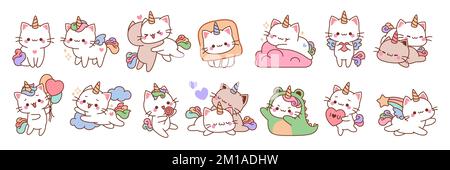 Süße Einhorn-Katzen. Lustige farbige Feen mit Regenbogenschwänzen, niedliche Kätzchen, die schlafen, spielen und kuscheln, Kawaii-Haustiere, Zeichentricksticker Stock Vektor