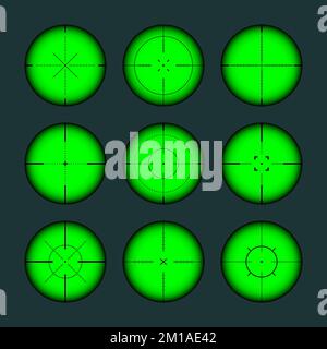 Verschiedene Waffen Nachtsicht, Scharfschützengewehr optische Scopes. Jagdgewehr-Sucher mit Fadenkreuz. Ziel, schießen Marke Symbol. Militärisches Zielschild Stock Vektor