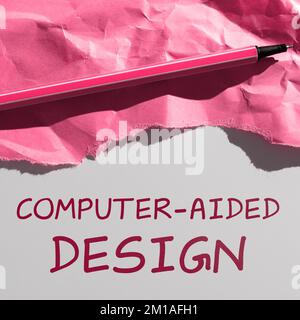 Handschriftlicher Text Computer Aided Design. Geschäftsansatz CAD Industriedesign unter Verwendung elektronischer Geräte Stockfoto