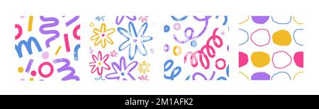 Nahtlose Doodle-Texturen. Abstrakte nahtlose Muster, kreative, farbenfrohe Formen, Streifen und Kreise, lustige, trendige Zeichnungen, Kurvengrafik, Wie süß Stock Vektor