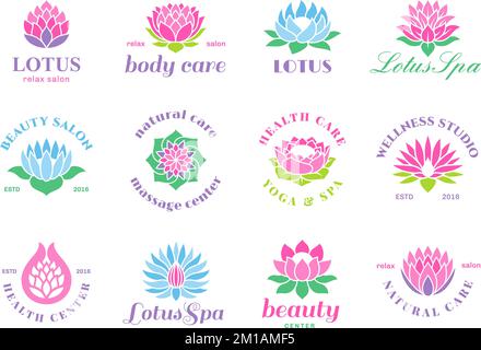 Spa-Logo Lotus-Design. Lotos Blumen Abzeichen, Yoga Wellness Center kreative Symbole. Lebenshaushalt Harmonie Embleme, weibliche Gesundheit Ordnung Vektorzeichen gesetzt Stock Vektor