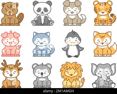 Kawaii-Zootiere. Isolierter Löwe, Cartoon-Katze und Welpe. Pastellfarbenes Emoticon niedliches wildes Tier. Baby-Maskottchen-Koala und Pinguin, ordentliches Vektorset Stock Vektor