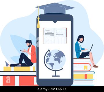 Internationale Online-Bildung, digitale Bibliothek auf Smartphone. Leute, die auf einem Bücherstapel lesen und sitzen. Studenten, lernen und lesen Vektorkonzept Stock Vektor