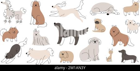 Doodle flaches, süßes, hübsches Hündchen. Hundes Cartoon Porträt, lustiges Hundespiel und Action. Kinder trendige Tierfiguren. Fröhliche Welpen, Razzia-Vektor-Set Stock Vektor