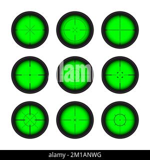 Verschiedene Waffen Nachtsicht, Scharfschützengewehr optische Scopes. Jagdgewehr-Sucher mit Fadenkreuz. Ziel, schießen Marke Symbol. Militärisches Zielschild Stock Vektor