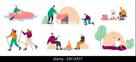 Cartoon-Wanderfiguren. Abenteurer-Leute. Outdoor-Aktivitäten. Reisezubehör. Glückliche Touristen entspannen sich in der Natur. Campingzelt. Rafting auf dem Fluss Stock Vektor