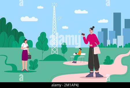 Cartoon-Leute benutzen Wireless 5G im Park. High-Speed-Internetzugang. Netzwerkkommunikation. Digitale Technologien. Mobile Verbindung. Telekommunikationsantenne Stock Vektor