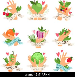 Vegane, isolierte Etiketten mit Gemüse, Obst, Beeren und Händen. Set aus farbenfrohen Symbolen für das Verpackungsdesign vegetarischer Speisen. Sammlung von Symbolen für vegane Lebensstildarstellungen Stock Vektor