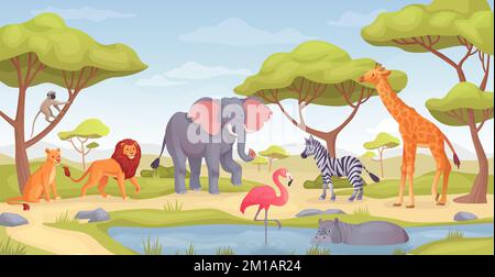 Die Tierlandschaft der Savanne. Tropisches afrikanisches Tier auf Grasland Savanne, Dschungelfauna Panoramaszene im Teich wildes afrika oder Zoo Safari Umgebung, geniale Vektordarstellung Stock Vektor