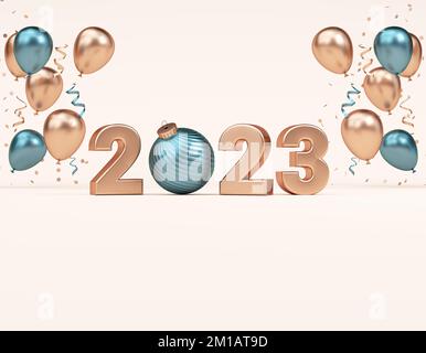 Hintergrundvorlage für die Grußkarte „2023 Happy New Year“ mit goldenen Zahlen, Ball und Ballons im 3D-Rendering Stockfoto