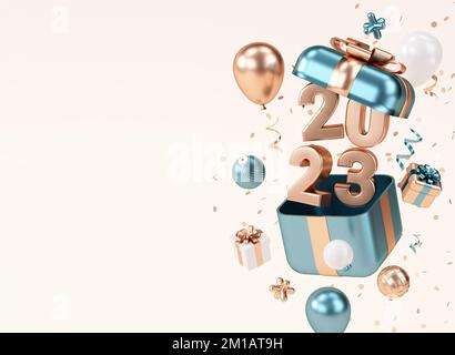 2023 Karte „alles gute zum neuen Jahr“ mit festlichem Hintergrund mit goldenen Zahlen, Geschenken und Ballons in 3D-Abbildung Stockfoto