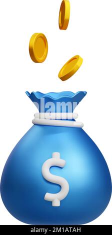 3D blaue Geldtasche mit Dollar und herabfallenden Goldmünzen Symbol. Bargeld, Zinssatz, Geschäft und Finanzen, Kapitalrendite, Finanzlösung Stock Vektor