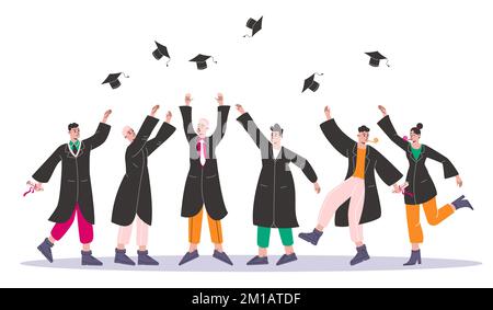Kappen in die Luft werfen. College-Absolventen kotzen akademische Kappen. Schüler, die ihre Ausbildung beenden. Zertifizierte Spezialisten für Bademäntel. Universitätsabschluss Stock Vektor
