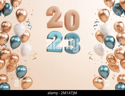 Festliche 2023-Bannervorlage mit fließenden Zahlen, goldenen Ballons und Textfläche auf cremefarbenem Hintergrund bei 3D-Rendering Stockfoto