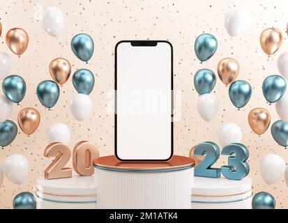 Neujahr 2023 Mobiltelefon-Modell mit leerem Bildschirm mit Metallicnummern und Ballons auf festlichem Hintergrund in 3D-Abbildung Stockfoto