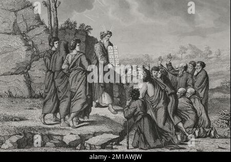 Das Alte Testament. Exodus. Moses beim Abstieg vom Berg Sinai mit den Tafeln des Gesetzes. Gravur. "Los Héroes y las Grandezas de la Tierra". Band I. 1854. Stockfoto