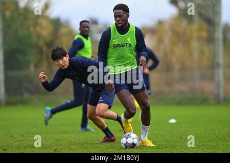 Michael Ngadeu von Gent und Hyunseok Hong von Gent wurden während eines Trainings im Wintertrainingslager der belgischen Fußballmannschaft KAA Gent in Oliva, Spanien, am Sonntag, den 11. Dezember 2022 gezeigt. BELGA FOTO LUC CLAESSEN Stockfoto