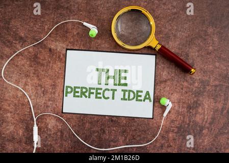 Textbeschriftung für die perfekte Idee. Geschäftsüberblick außergewöhnliche Gedanken oder Vorschläge ohne Vergleich Stockfoto