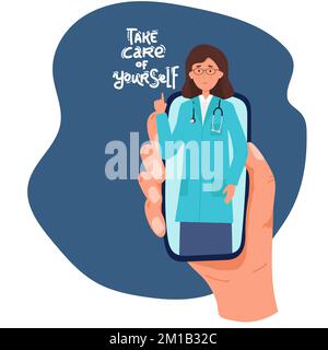 Vektordarstellung Ärztin auf dem Bildschirm des Smartphones mit Zwischenablage. Online-Gesundheitsberatung mit Mobiltelefon, Konzept der Medizintechnik Stock Vektor