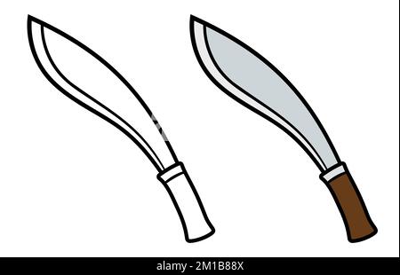 Kuvertiermesser, traditionelle nepalesische Machete. Schwarz-weiße Strichzeichnungen und Farbzeichnungen. Vektor-Clip-Art-Illustration. Stock Vektor