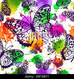 Wasserfarbenes nahtloses Muster mit Schmetterlingen auf weißem Hintergrund. Handgemalter Hintergrund. Vektordarstellung. Stock Vektor