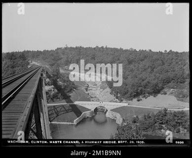 Wachusett Dam, aus Viaduct, Clinton, Mass., September 28, 1905 , Wasserwerke, Eisenbahninfrastruktur, Viadukte, Bogenbrücken Stockfoto