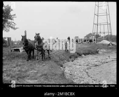 Wachusett Department, Wachusett-Sudbury Power Transmission Line, Unreeling Conductors, Southborough, Mass., Mai 29, 1918 , Wasserwerke, Stromleitungen, Baustellen Stockfoto