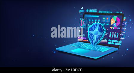 Blauer Laptop mit persönlichen Daten auf Displays und 3D-Schild. Cybersicherheitskonzept Stock Vektor