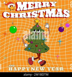 Ein tolles Hippie-Weihnachts-Poster. Weihnachtsbaum im trendigen Retro-Cartoon-Stil Stock Vektor