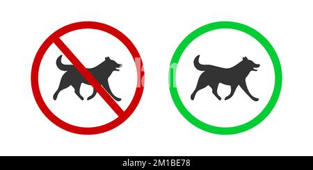 Symbol „Hunde verboten und erlaubt“. Wanderverbot für Haustiere und Piktogramm für die freundliche Zone. Hundesilhouette in rot „Verboten“ und grünes „genehmigt“-Schild isoliert auf weißem Hintergrund. Flache Vektordarstellung Stock Vektor