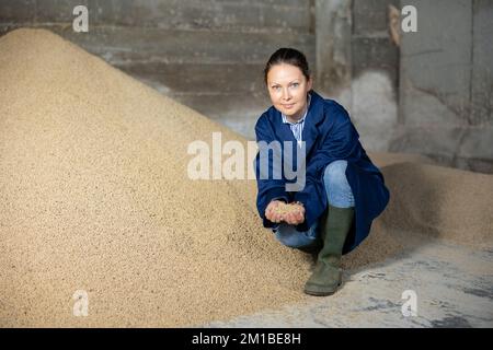 Bäuerin hockt auf einem Haufen Sojabohnenschalen Stockfoto