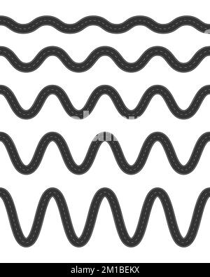 Satz leerer kurvenreicher Straßen mit Markierung. Asphaltstraßen, horizontale Draufsicht. Vorlage für nahtlose Autobahnen. Teil der Stadt- oder Landstraßen-Autobahn. Flache Vektordarstellung Stock Vektor