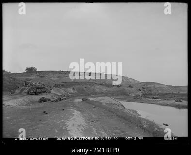 Wachusett Reservoir, Dumping Platform No. 3, Section 10, Boylston, Mass., Okt. 2, 1903 , Wasserwerke, Reservoirs, Wasserverteilungsstrukturen, Baustellen Stockfoto