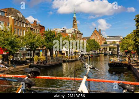 Sommerblick auf Leiden am Ufer des Kanals mit Blick auf den Glockenturm des Rathauses Stockfoto