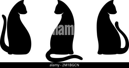 Katzen. Set mit drei schwarzen Silhouetten sitzender Katzen, isoliert auf weißem Hintergrund. Vektordarstellung Stock Vektor