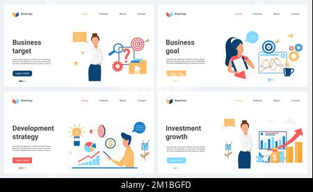 Geschäftsziel, Investitions- und Entwicklungsstrategie dienen der Veranschaulichung. Cartoon Tiny People investieren Geld in erfolgreiche Finanzprojekte, analysieren Datendiagramme und Berichte von Analystendiensten Stock Vektor