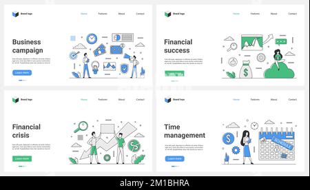 Zeitmanagement, Erfolg und Finanzkrise, Online-Unternehmenskampagne Thin Line Set Vector Illustration. Zeichentrickfilme, winzige Menschen arbeiten mit einem auf- und Abwärtspfeil-Marktdiagramm und planen Aufgaben Stock Vektor