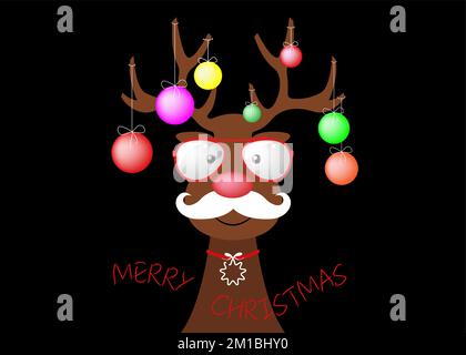 Festliches weihnachtliches Hipster-Rentier mit Weihnachtsbaum und dekorativen bunten Bällen an den Hörnern. Urlaubsthema für Kinder Stock Vektor