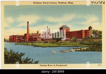 Waltham Watch Factory, Waltham, Mass. Charles River im Vordergrund, Fabriken, Flüsse, Tichnor Brothers Collection, Postkarten der Vereinigten Staaten Stockfoto